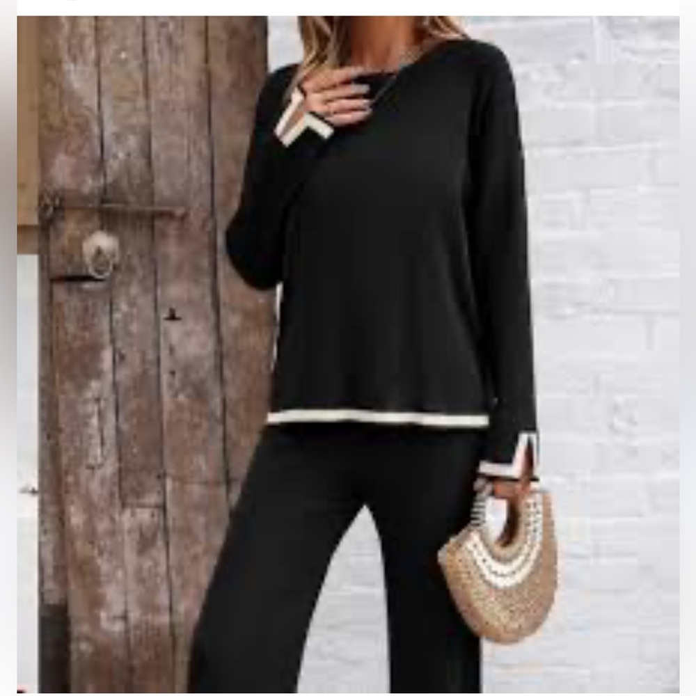 Women's 2 Piece Outfits Long Sleeve Knit Sweater Top Wide Leg Pants Lounge Sets